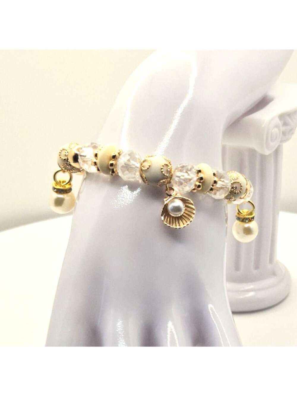 Pearl Charm Bracelet Gold Stretch Bracelet, Bridal Pearl Jewelry, Elegant - Picture 3 of 9